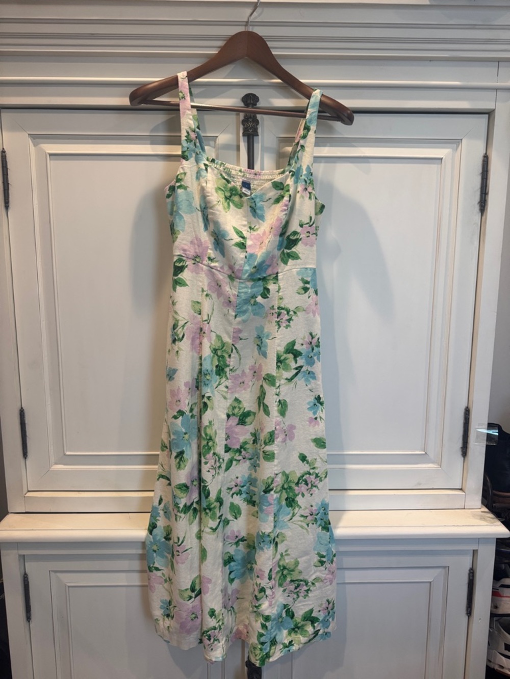 Old Navy White Midi Dress with Green, Blue & Pink Floral Print